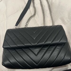 Quince Black Quilted Chevron Crossbody with Silver Chain